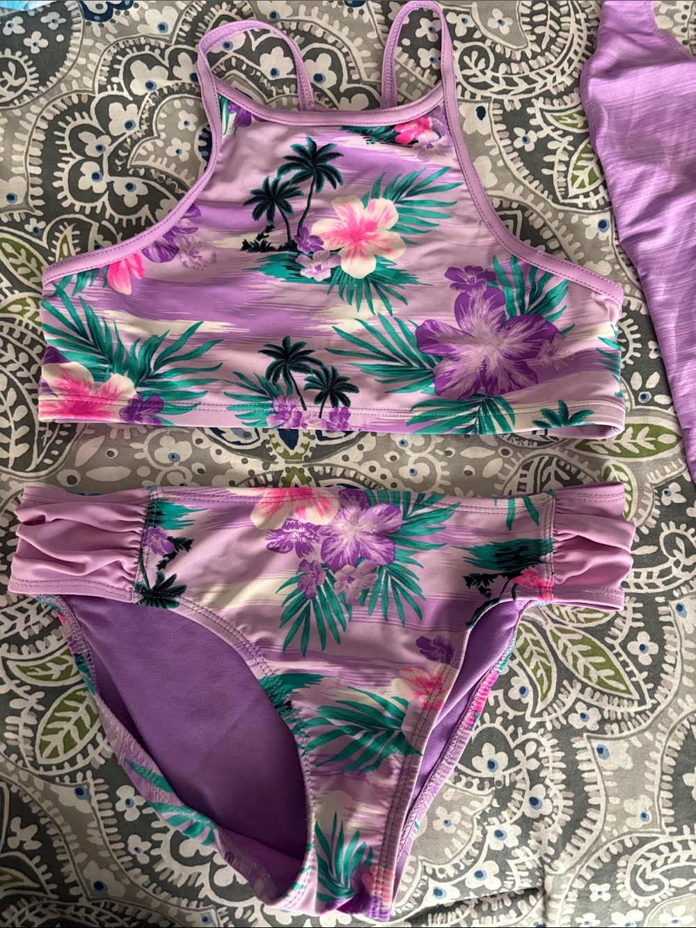 ZeroXposur Lavender Tropical Floral Two-Piece Girls' Swim Set with cover up.